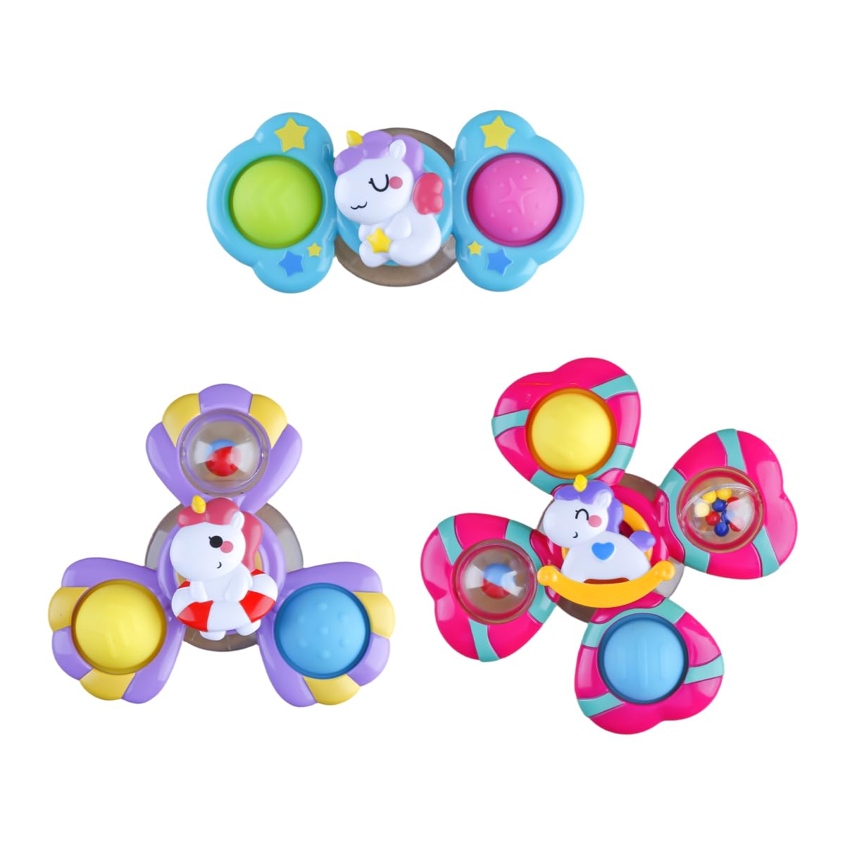 Lotsdonxia 3 Pcs Suction Cup Baby Spinner Bath Toys, Rotating Crystal Bell Sensory Toys with Silicone Teether