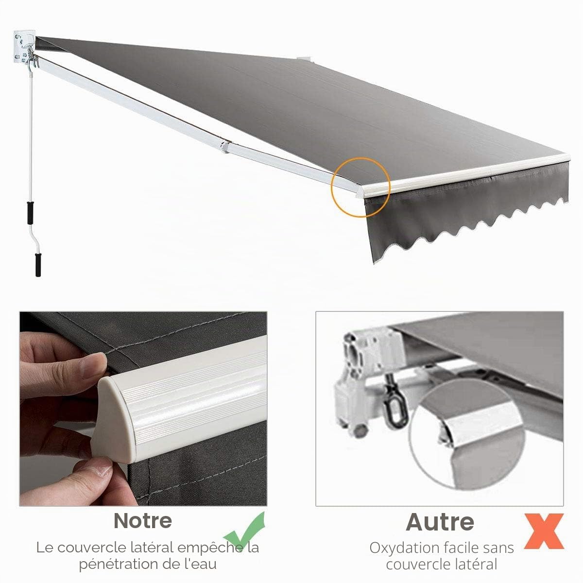 FANTASK Auvent à Bras articulés, Protection Solaire et Eau, 250 x 200 cm, Store rétractable avec Cadre en Aluminium et manivelle, Store de terrasse Angle réglable de 40 à 100 ° pour Balcon, terrasse