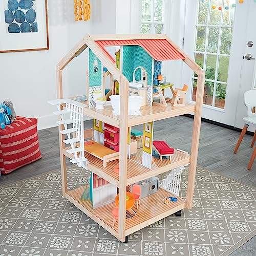 Kidkraft So Stylish Mansion Wooden Mid-Century Dollhouse With Ez Kraft Assembly™, Open-Concept, Wheeled Base And 42 Accessories, Gift For Ages 3+ #TOP2
