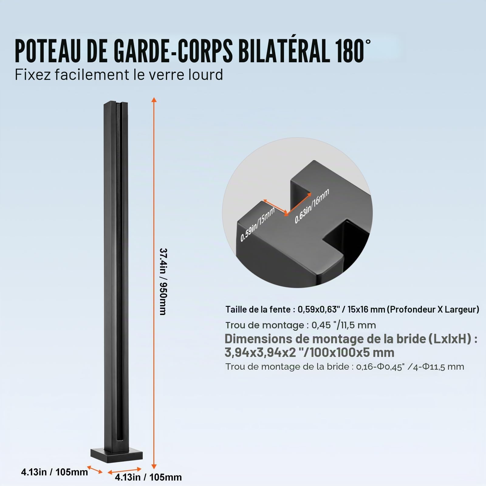 VEVOR Pinces à verre en acier inoxydable 304, pince de clôture en verre de 950 mm de hauteur, support de garde-corps en verre trempé de 10 mm à 12 mm, pour balcon, jardin, terrasse, escalier, noir