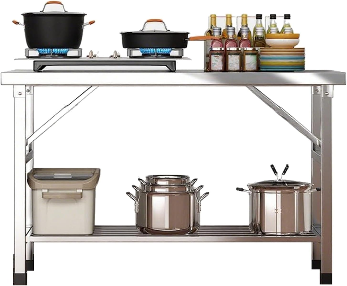 Double-Layer Stainless Steel Folding Workbench with Shelf Reinforced Spring Legs Removable Base Non-Slip Edging Thickened Worktop Commercial Kitchen Work Table