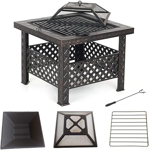 Miniatura 6 de Fogata al aire libre con estante de parrilla de barbacoa, chimenea de jardín de metal, estufa de fogata, brasero al aire libre, parrilla de