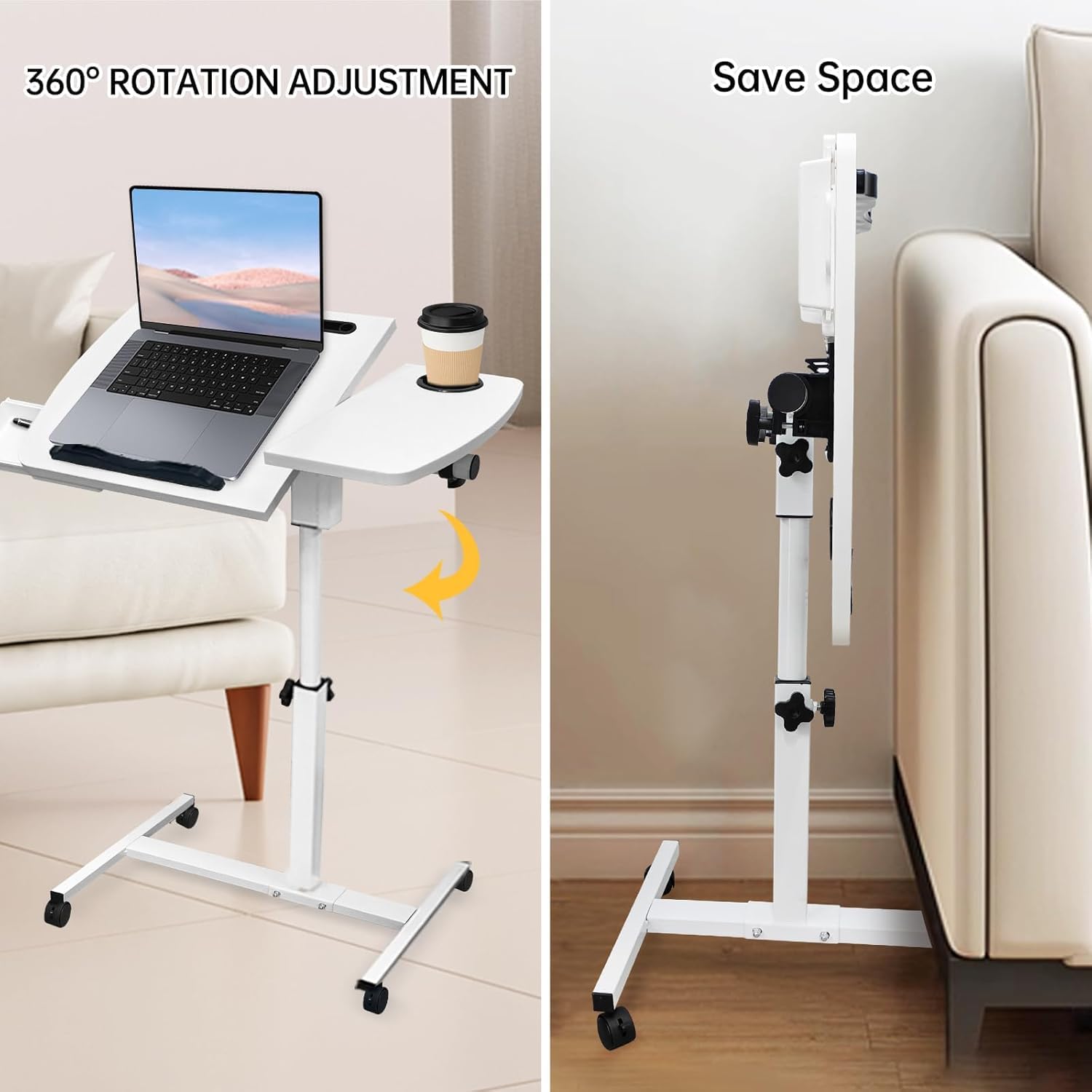 Bureau debout mobile réglable en hauteur - Petite table d'ordinateur portable avec roulettes - Pliable - Petite table de lit pour lit, canapé, bureau - Blanc