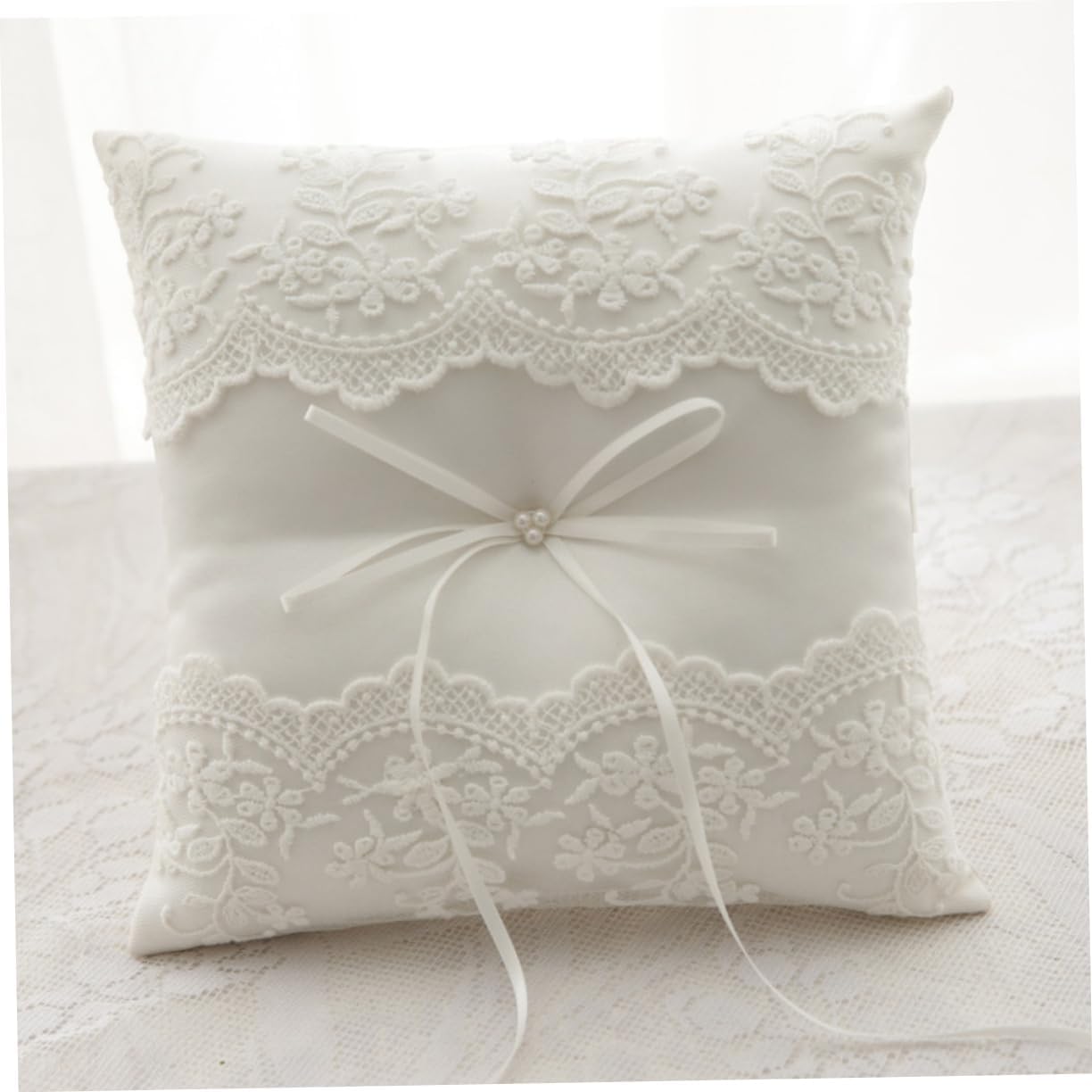 CHILDWEET Lace Decorative Wedding Pillow with Ribbons Elegant Engagement Bridal Bearer Cushion for Ceremony Beige Soft and Charming Design for Weddings