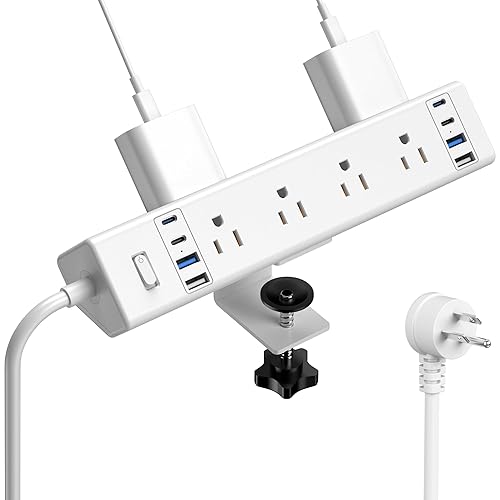 40W Fast Charging Station,Desk Clamp Power Strip 20W USB C,8 Outlets,8 USB Ports,4 USB C 4 USB A,Nightstand Edge Mount Surge Protector, 14AWG Cord, Fits 1.9" Tabletop Edge for Office,Home Furniture - 6FT Length - White