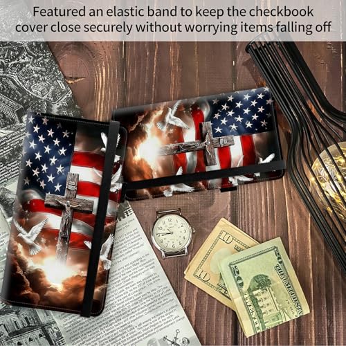 Image of FUYOCWE Checkbook Covers for Personal Checkbook,Leather Checkbook Cover for Business /Personal Checks,RFID Blocking Check Book Cover Holder Wallets for Men Women-American Flag with Cross Dove