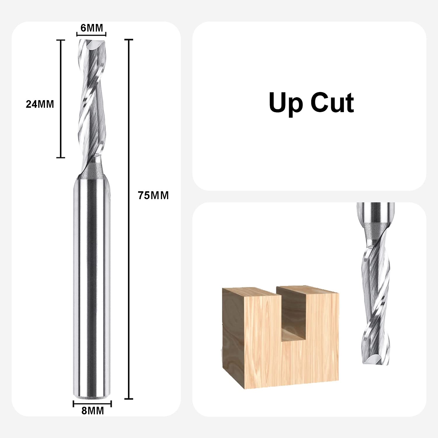 SpeTool Spiralfräser 8mm Schaft Upcut 6mm Schnittdurchmesser CNC Fräser für Oberfräse Holzfräser 24mm Schnittlänge Router Bit Nutfräser VHM Schaftfräser Spiralnutfräser 2 Flöten Langlochfräser Holz
