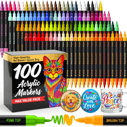 Image of ARTISTRO Acrylic Glass Markers for Wine Glasses and Drinkware (100 Pack), Vibrant Dual Tip Paint Pens for Party Charms & Bar Tools (Brush + Fine Tips)