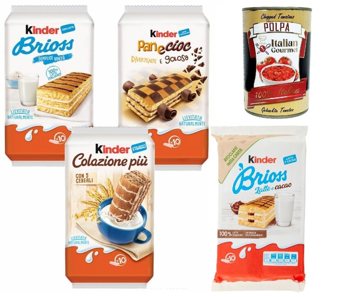 Italian Gourmet Assortiment Gâteaux Kinder Petit-Déjeuner – Brioss, Panecioc & Colazione Più – Snacks Moelleux au Lait, Cacao et Céréales – Lot Familial Petit Déjeuner + Italian Gourmet Polpa