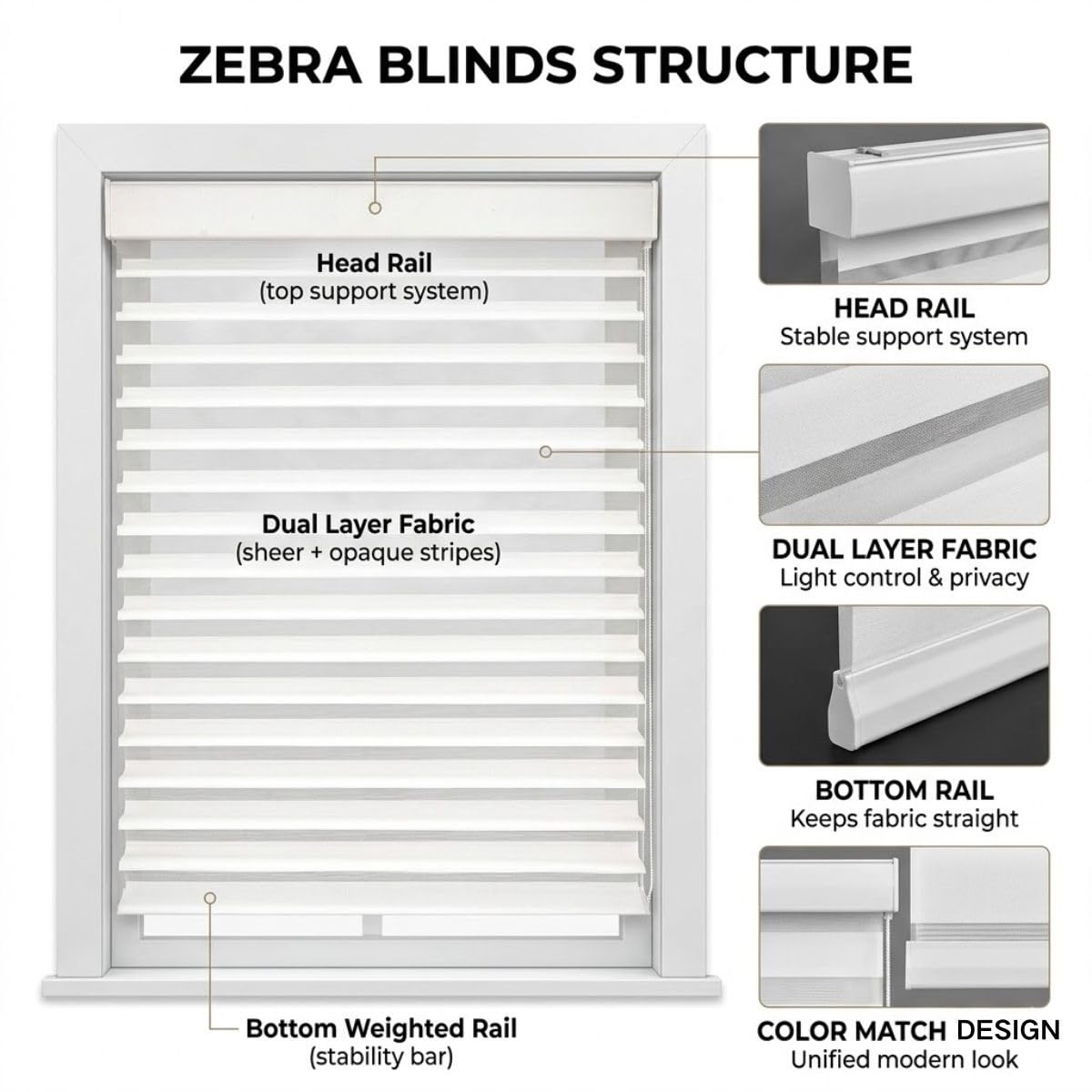 Store Enrouleur Réglable avec Chaîne et Perçage pour Décoration Maison | Store Zébré Jour Nuit, Rideau Occultant, Anti Chaleur, Blanc, 38x122 cm, 46x213 cm, 43x213 cm(Gris,W175cmxH190cm)