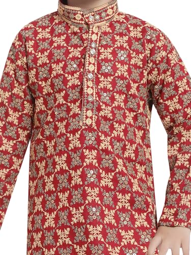 Image of TinySteps Boys' Ethnic Wear - Cotton Lakhnavi Chikan Kurta with Golden Sequence Work and Elastic Waist White Cotton Pajama - Festive & Wedding Outfit