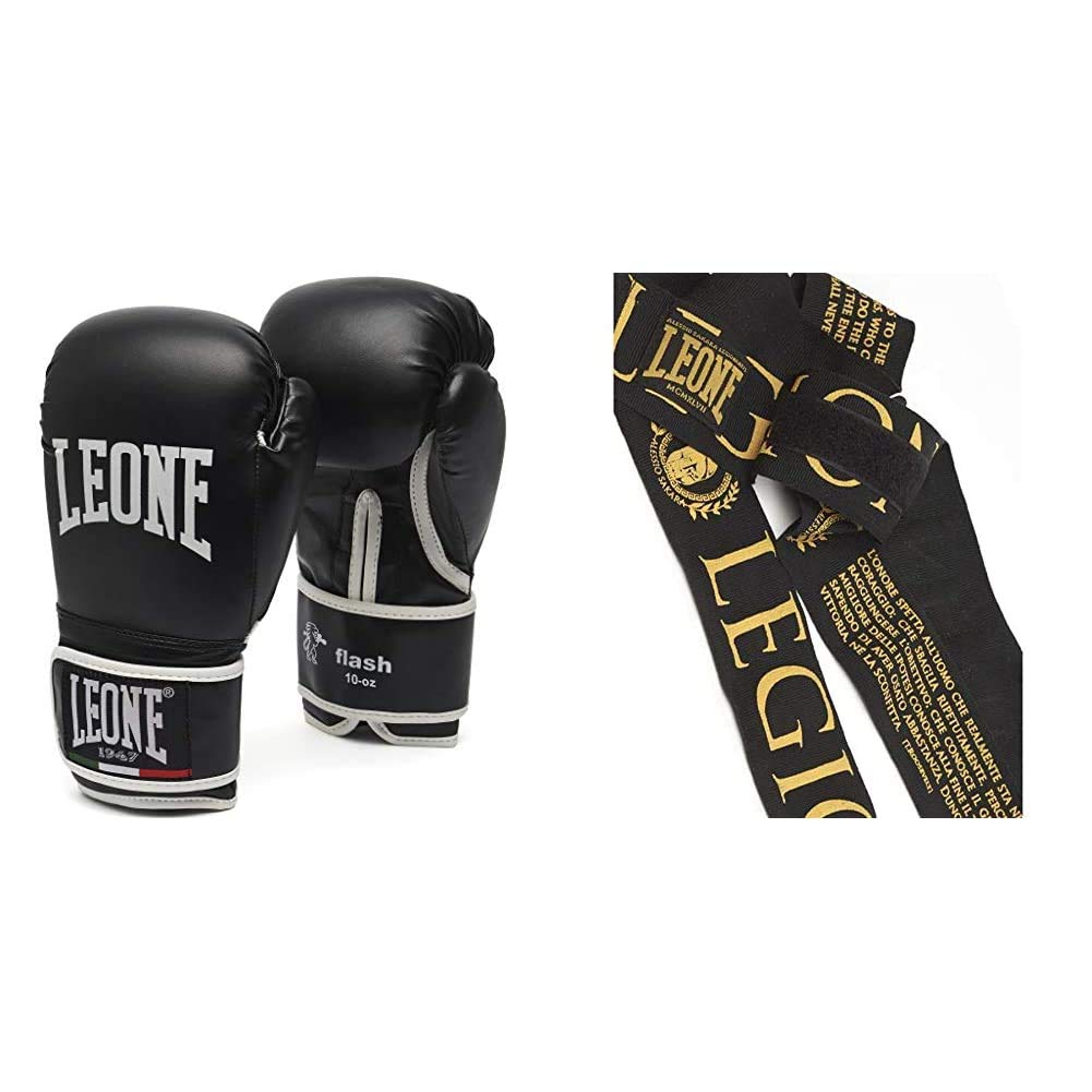 LEONE 1947 Flash Guantoni, Nero, 10 Oz & 1947 AB705, Bendaggi Legionarivs Unisex – Adulto, Nero/Oro, 3.5
