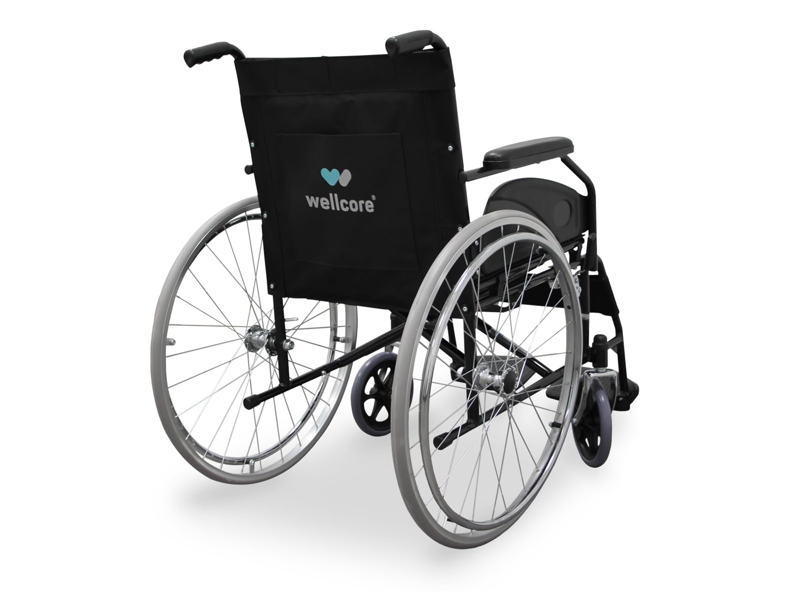 WELLCORE Silla de ruedas plegable para traslado, Estructura de acero, Ligera y Compacta, Ruedas macizas, Frenos de maneta, Respaldo abatible, Ancho asiento 46 cm, Hasta 100 kg