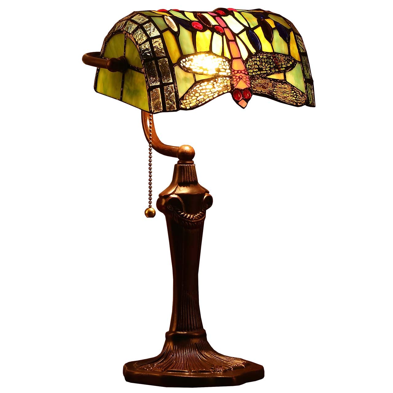 Bieye L10058 Dragonfly Tiffany Style Banker Table Lamp