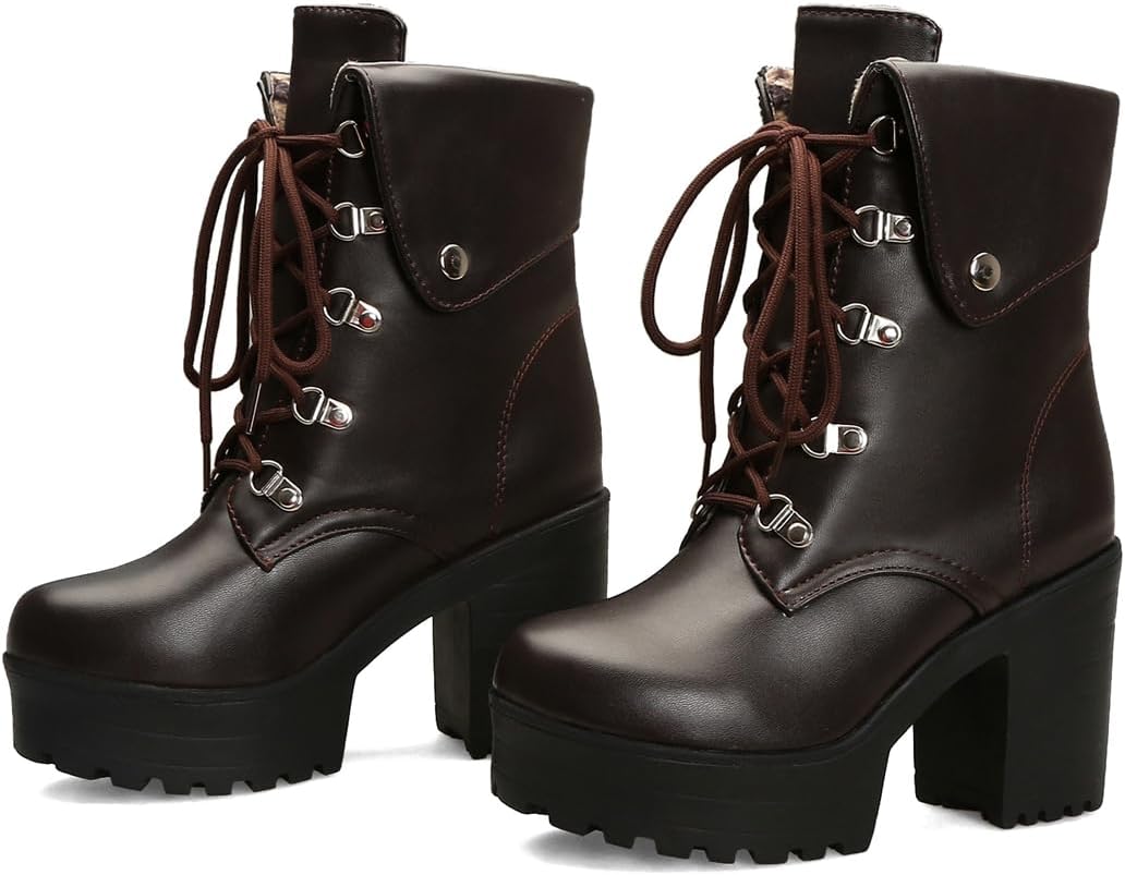 VOKLIN Women's Round Toe Platform Dressy Ankle Boots Lace Up Cuff Chunky Block High Heel Dress Short Booties