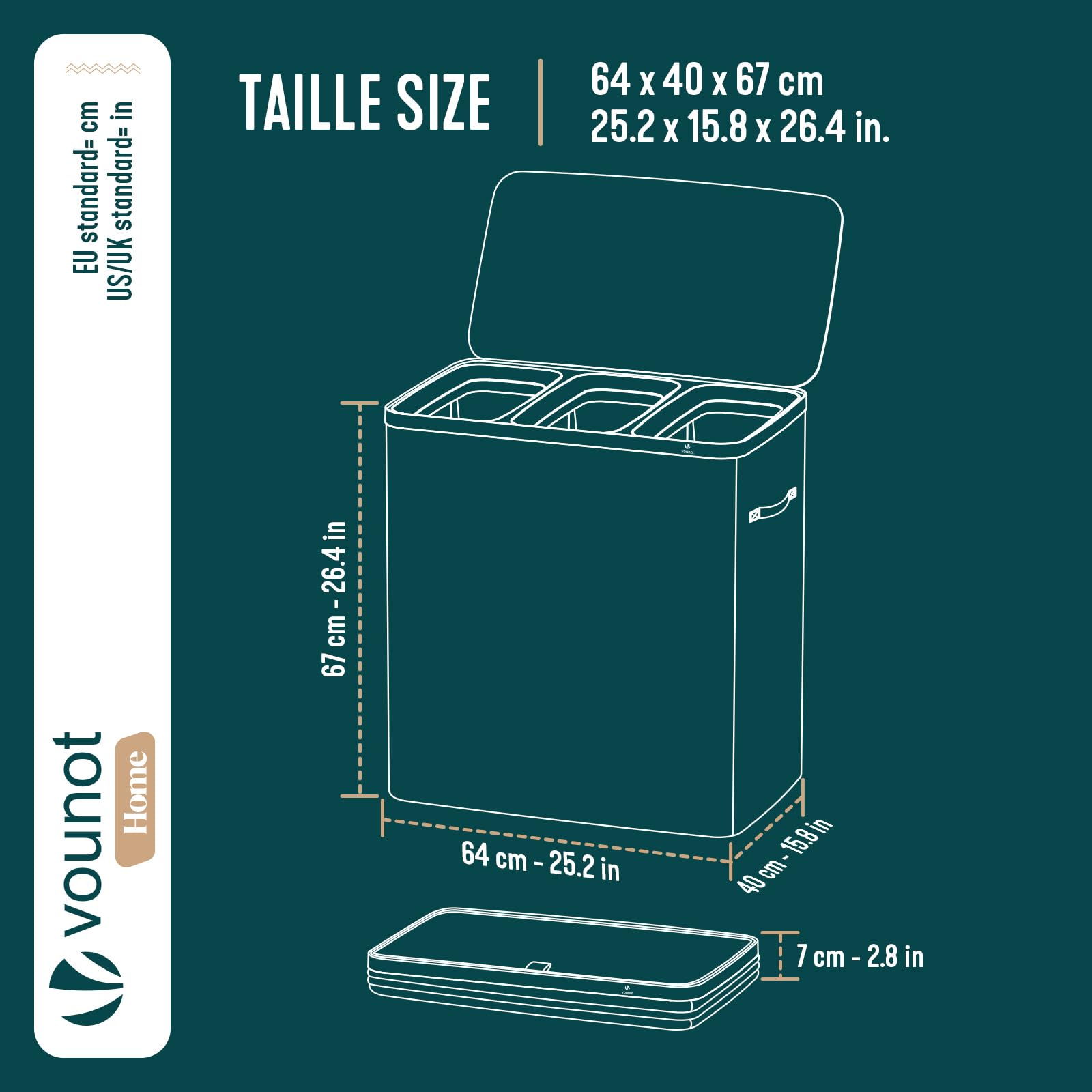 VOUNOT® Cesto Portabiancheria 170L Rettangolare a 3 Scomparti con Coperchio, Cesto Biancheria Grande Capacità con 3 Sacchi Rimovibili Autoportante e Manici, per Bagno, Camera e Lavanderia, Antracite - 3