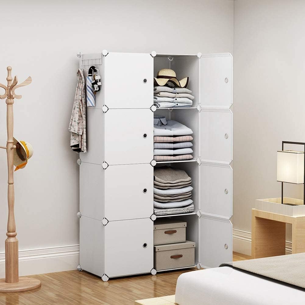 KRISHYAM® Portable Collapsible Plastic Wardrobe Closets 8 Storage Cube Closets with 1 Hanging Rod & 8 Doors,Multipurpose Kids Wardrobe for Baby Clothes/Book/Towels/Toy/Shoes (White)