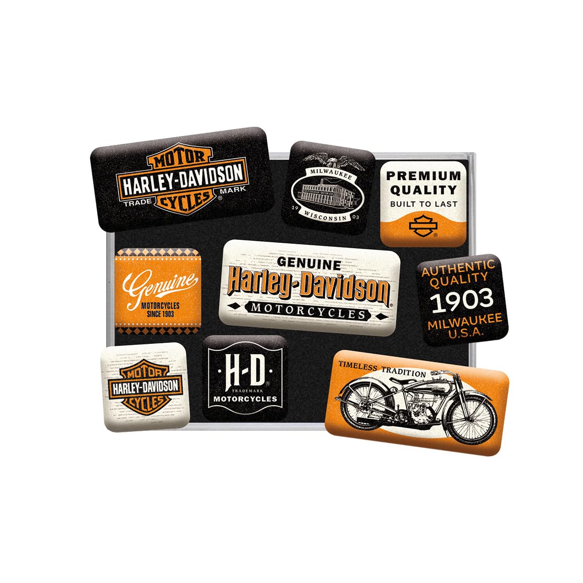 Nostalgic-Art Vintage Design Retro Fridge Magnets, 9 Pieces, Harley-Davidson – Genuine Motorcycles Milwaukee – Gift Idea For Bikers, Magnet Set For Notice Board,