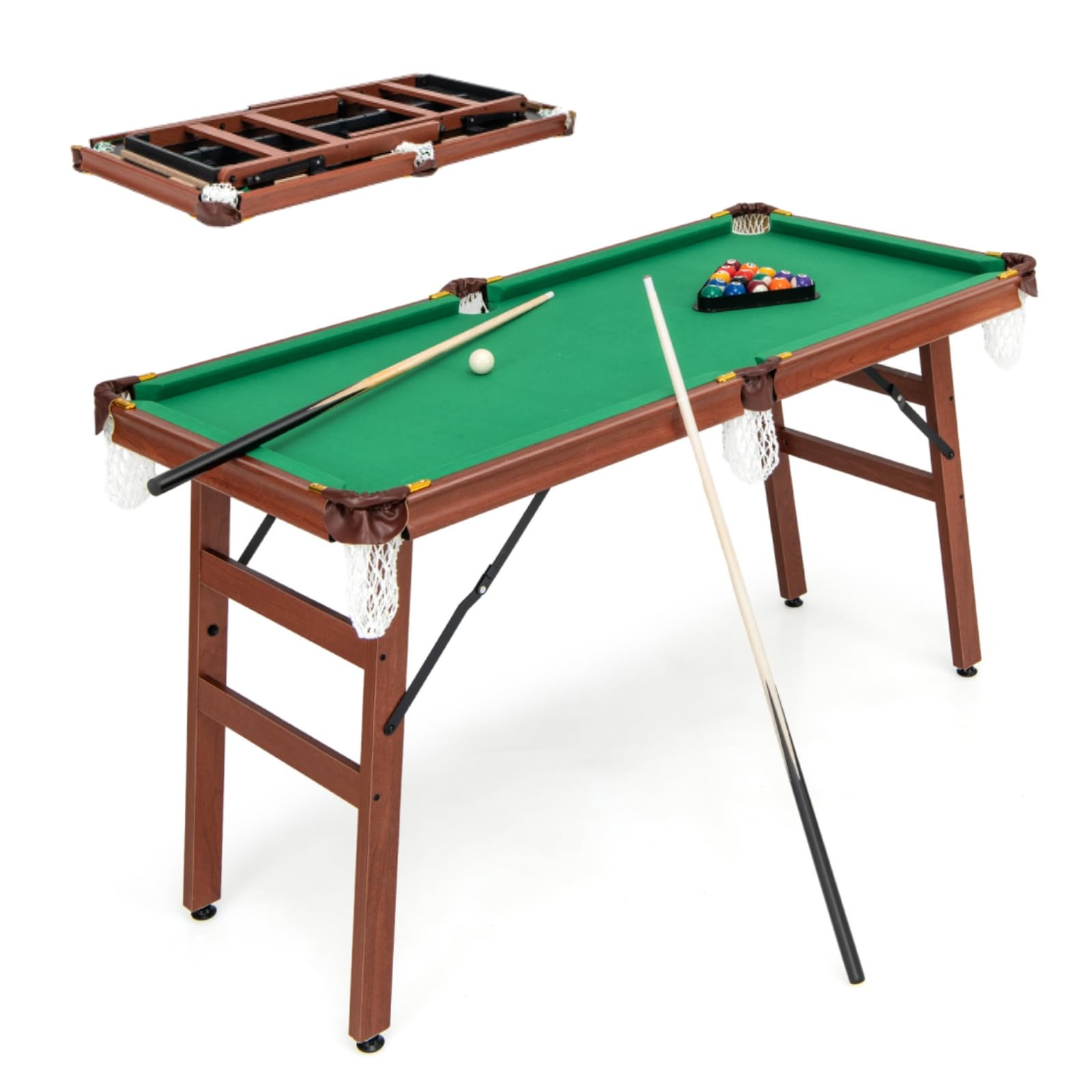 GYMAX Folding Billiards Table, Portable Pool Game Table Set with 2 Cues, 16 Balls, 2 Chalk, Triangle & Brush, Adjustable Foot Pads, Family Leisure Snooker Table for Kids and Adults