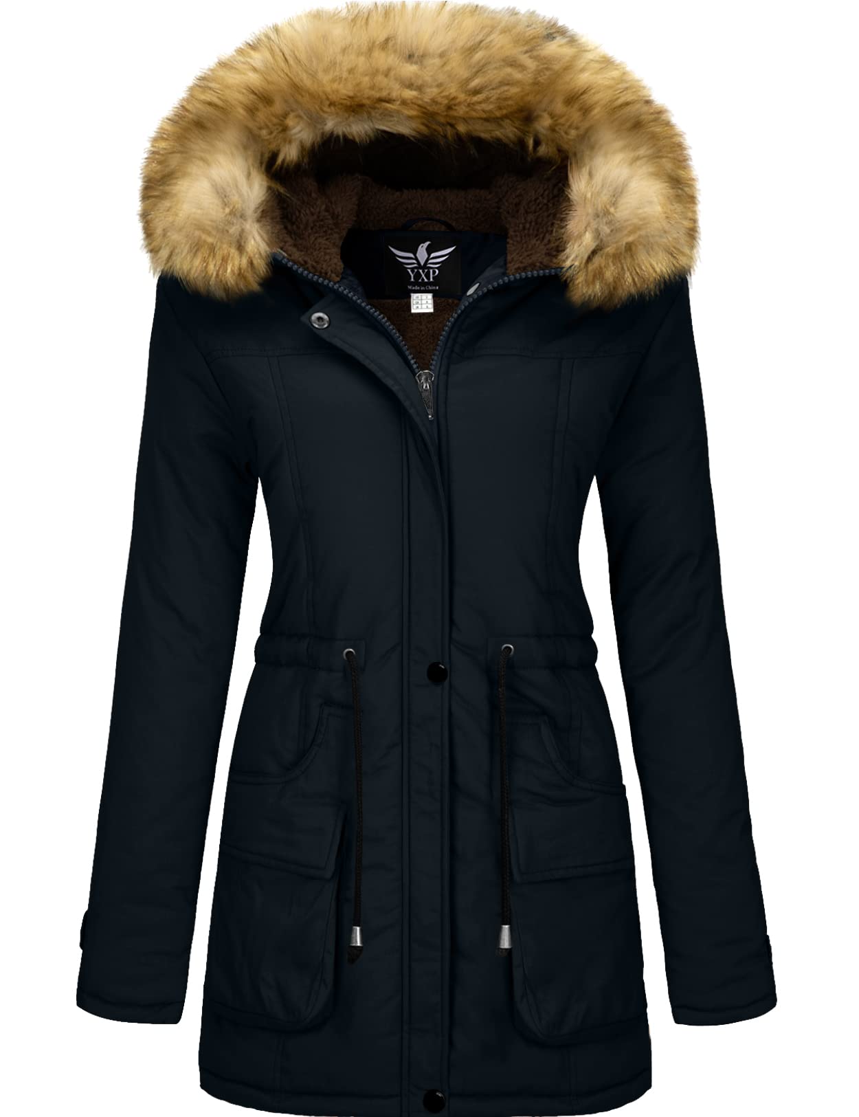 YXP Women's Winter Thicken Military Parka Jacket Warm Fleece Cotton Coat with Fur Hood