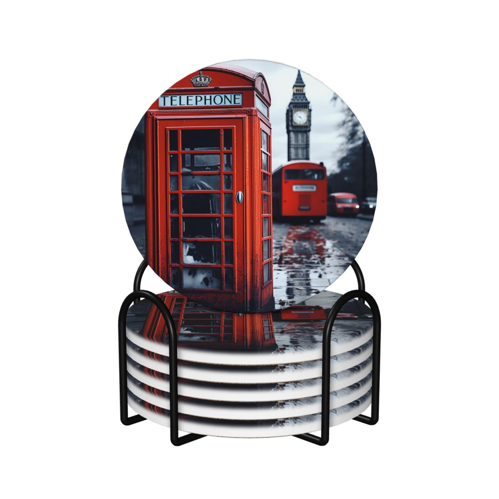 Coasters for Drinks Set of 6 Round Absorbent Ceramic Coaster Non-Slip Drink Coasters with Holder and Cork Base Reusable Cup Mat England UK Retro London Telephone Cup Coasters for Kinds of Cup