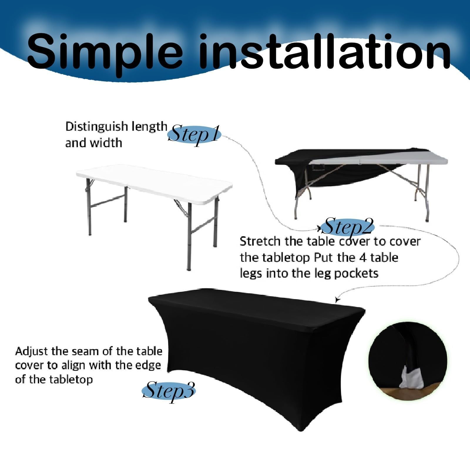 Lot de 6 Housses Noires en Spandex pour Table de 1,2 m, Nappe Stretch Ajustable Universelle rectangulaire, Lavable et Infroissable, idéale pour Salons Professionnels, Mariages