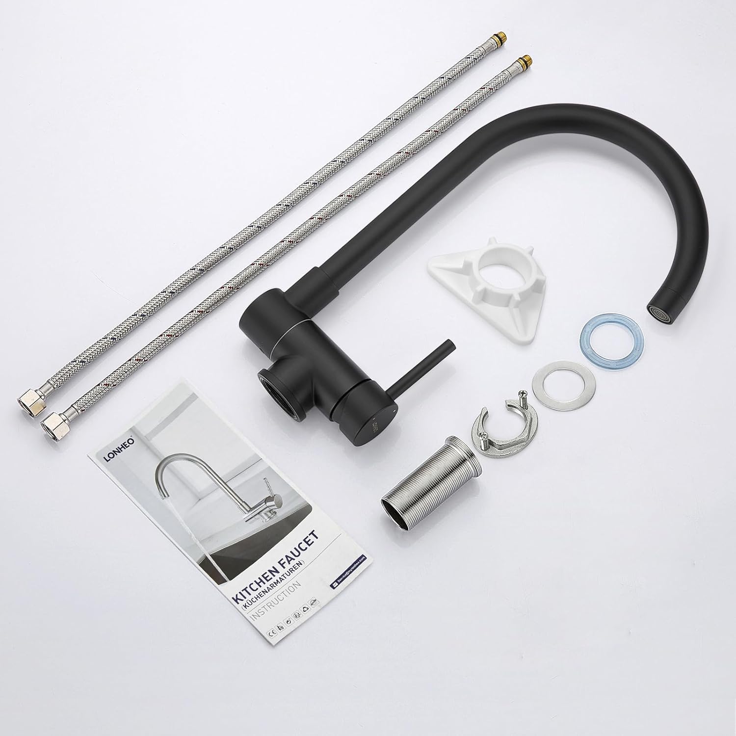 Lonheo Robinet Cuisine Noir rabattable pour Installation devant Fenêtre | Mitigeur Cuisine avec départ à Froid, Éco-énergie & anti-brûlure, pivotant 360°, Aérateur démontable, Eau Chaude/Froide, Inox