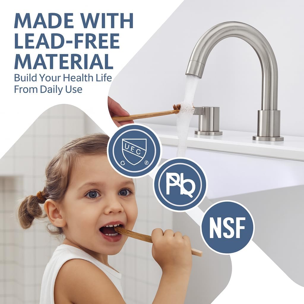 Two Handle 8inch Widespread Bathroom Faucet 3 Holes, Bathroom Sink Faucet with Metal Pop up Drain Assembly and cUPC Water Supply Lines, Brushed Nickel