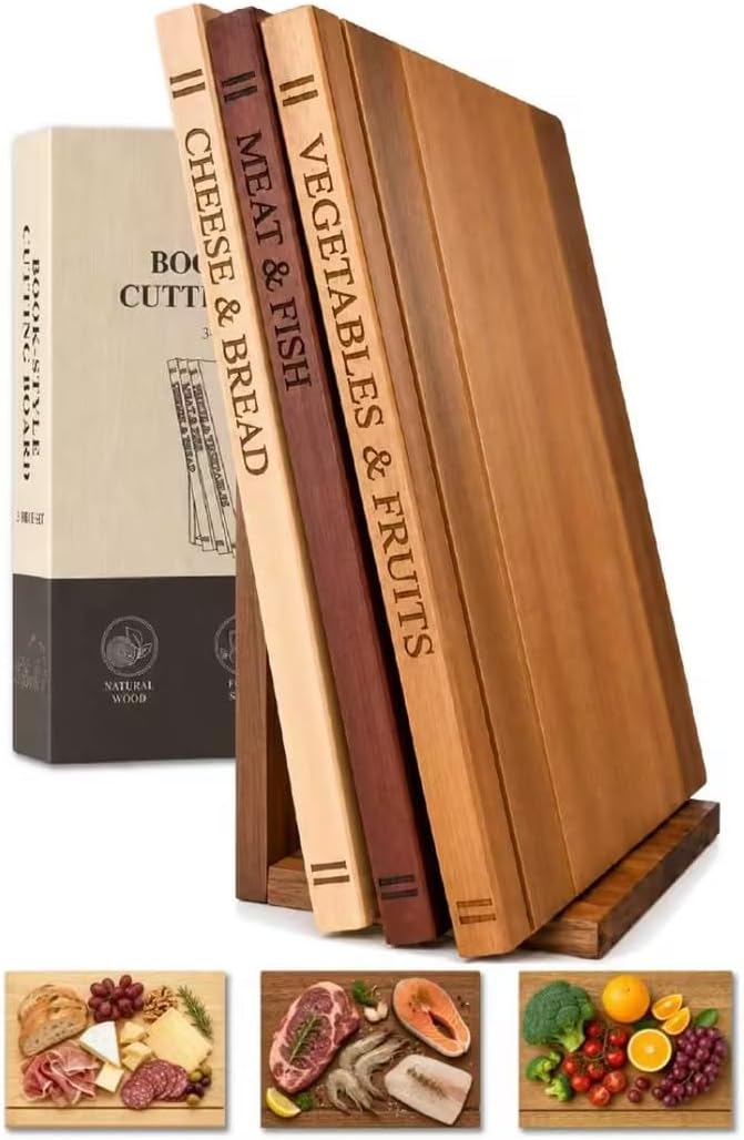 Book Shaped Cutting Board Set of 3, with Storage Stand for Kitchen