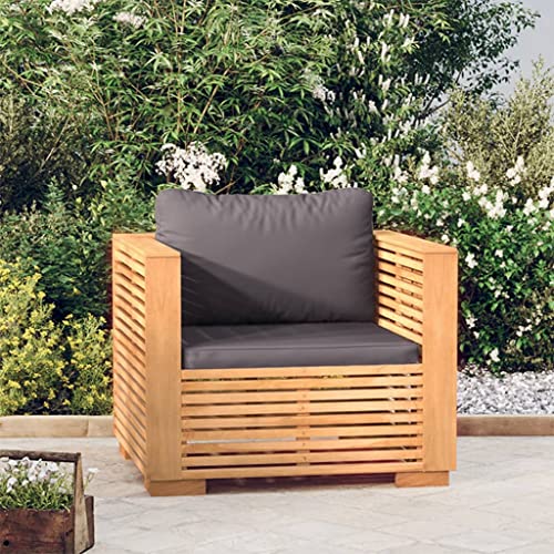 Homgoday Sillón de jardín con Cojines Gris Oscuro Madera Maciza Teca, Sillas de Jardín Sillón Terraza Balcón Patio Butaca Asiento Muebles Mobiliario Hogar Comedor Duradera Robusta Sofás Exterior