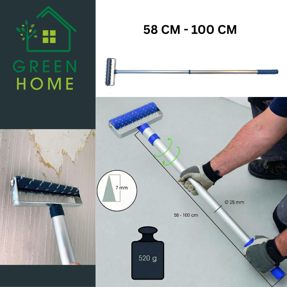 Rullo spinotto 150 x 500 mm con manico telescopico e raschietto per carta da parati | Set professionale per la perforazione e rimozione di carta da parati | Rullo a riccio, rullo per