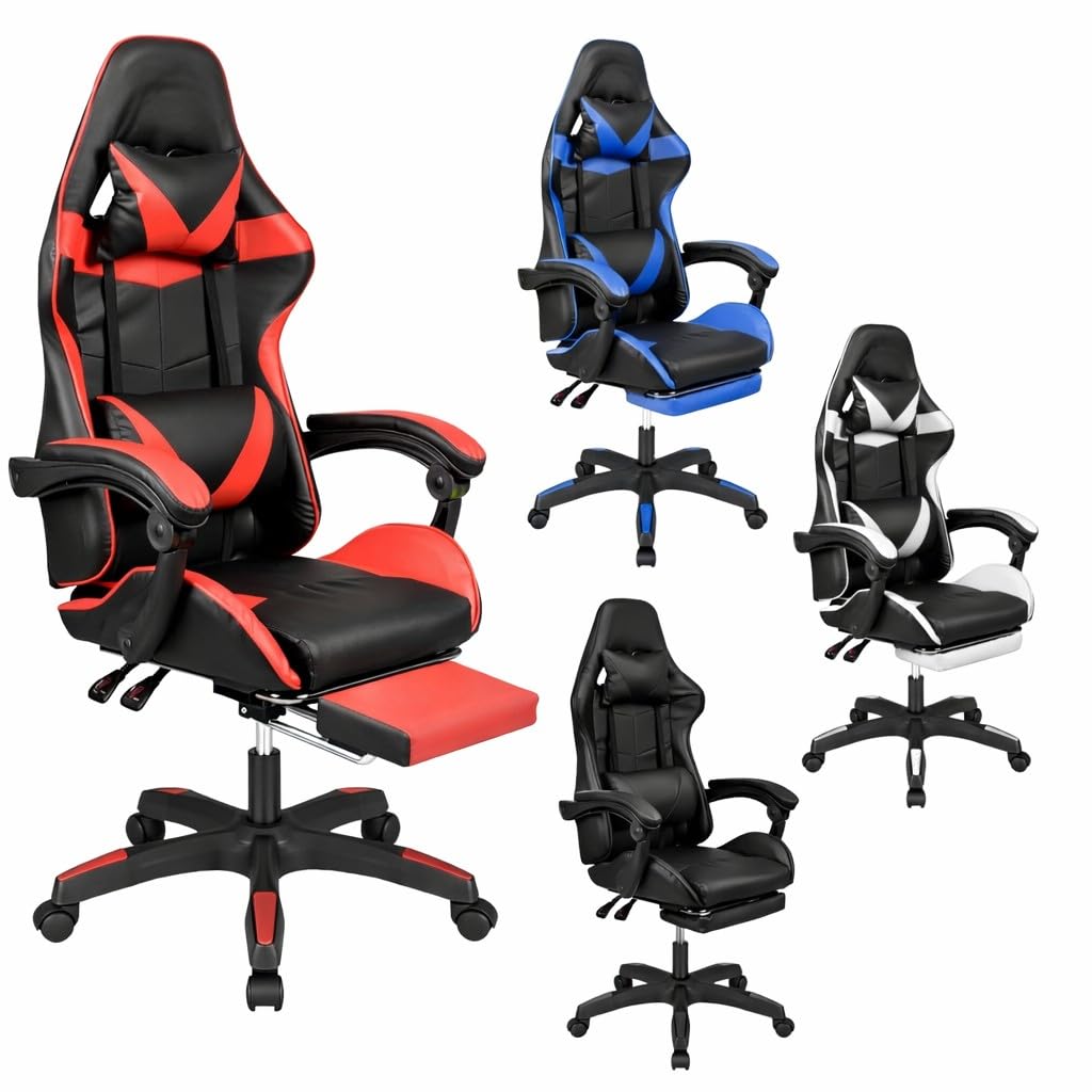 Sedia da Gaming Ergonomica Reclinabile fino a 135° con Poggiapiedi Cuscino Supporto Lombare e Poggiatesta con Rotelle Rotazione a 360°, Pistone a Gas Poltrona da Ufficio Portata 125kg (Bianco)