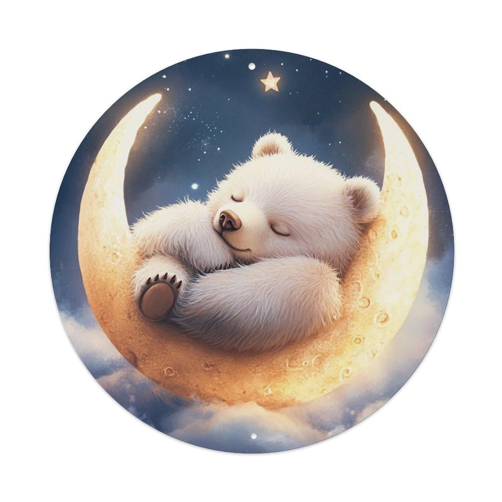 Animal Polar Bear Cub Sleeping on Crescent Moon Dreamy Night Sky Stars Vintage Metal Tin Sign Plaque Wall Decor for Cafe, Club Bar, Office, Garden Metal Poster 8x8Inch