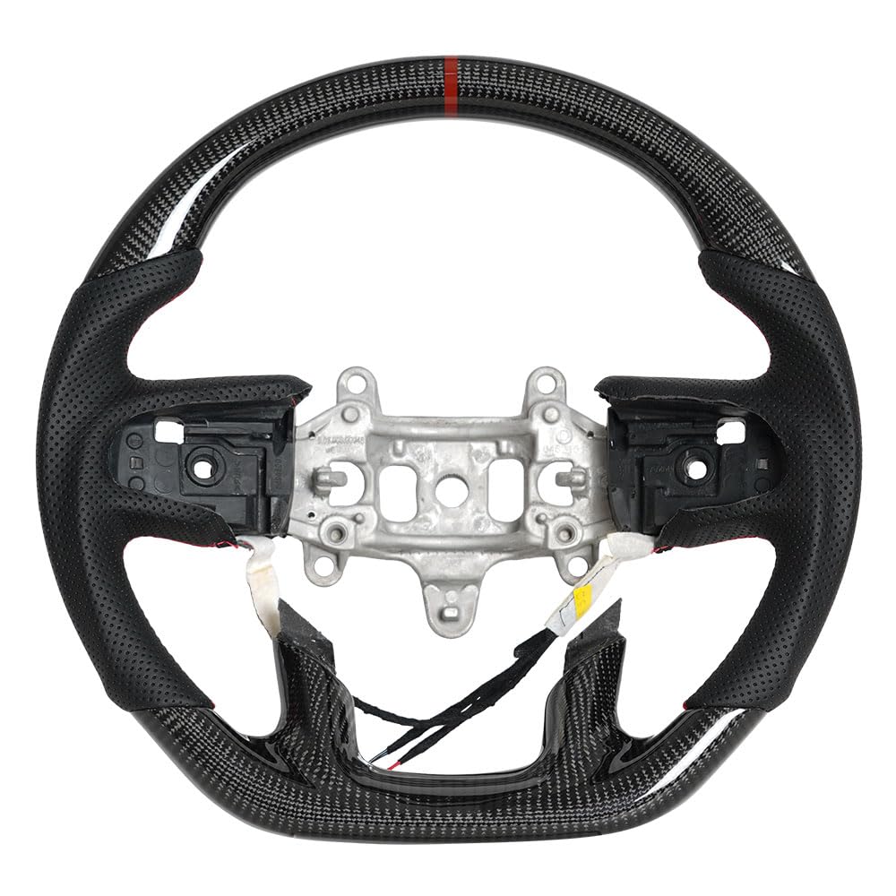 JIANGGAI Real Carbon Fiber Steering Wheel, D-shaped Perfoated Leather Grip Steering Wheel with Heated Fit For Dodge Ram 1500 2019+(No Paddle Version)