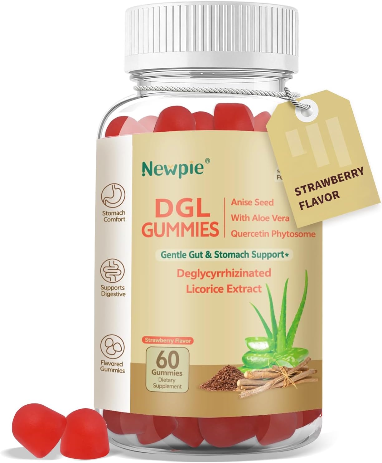 DGL Gummies | Deglycyrrhizinated Licorice Root Extract, Quercetin, Aloe Vera, Anise Seed Powder | Gut Health, Stomach Soothe, Gerd Support, Digestive Comfort | Gluten Free, 60 ct(Strawberry Flavor)
