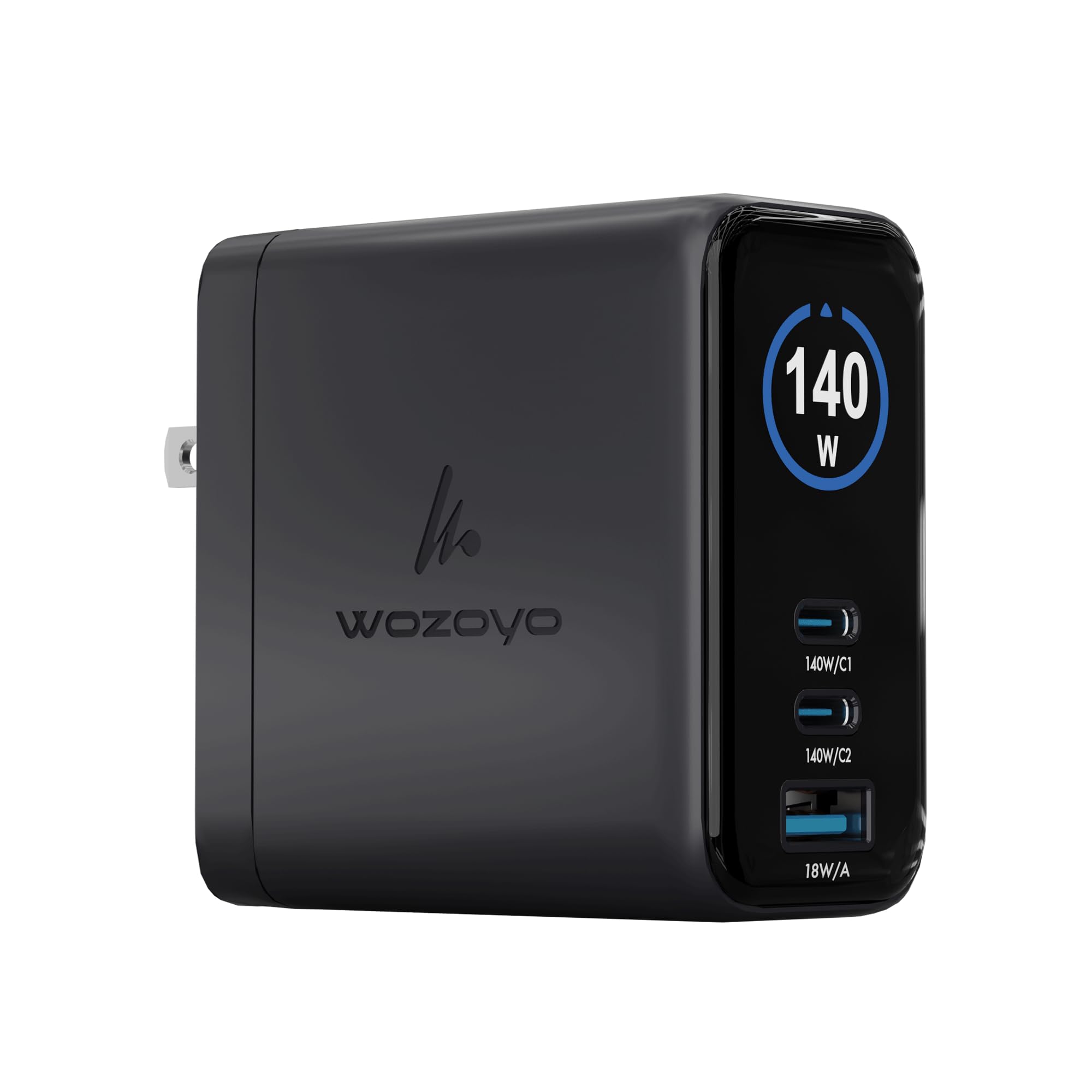 Wozoyo 140W Smart LED Wozoyo GaN Charger, 2XType-C & USB-A Superfast 2.0 Charging, Compatible for iPhone 17/16/16 Pro Max/15 Series/iPad Pro, Smartphones, Tablets and More, PD/PPS/QC 3.0