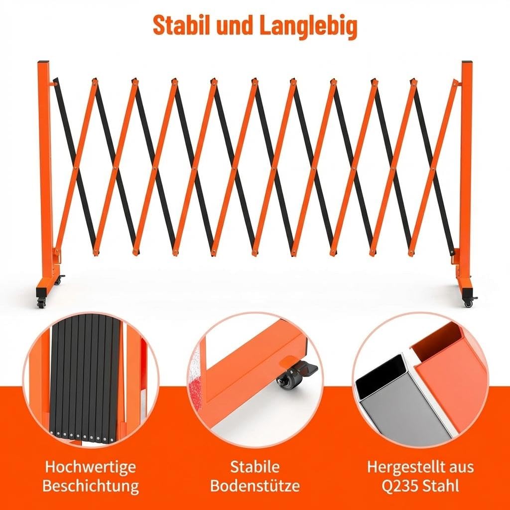 Ausziehbare Metall Absperrung 2.7m, Faltbares Sicherheitsgitter Aus Stahl Mit Rollen, Mobile Scherengitter Absperrbarriere Für Industrie, Lager, Baustelle Und Außenbereich, Schwarz Orange
