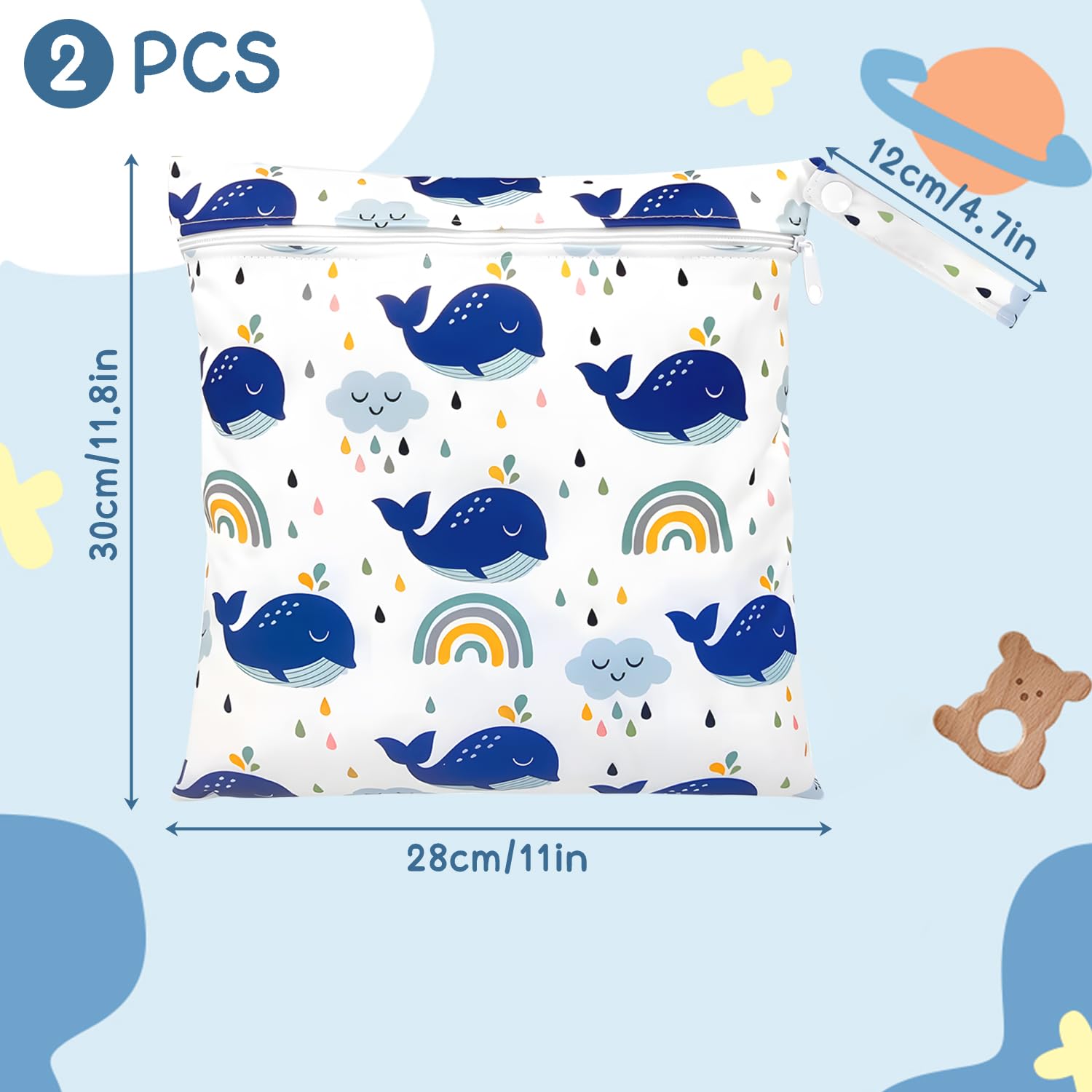 2 emballages Bourse Humide imperméable avec Fermeture éclair, réutilisable pour Articles bébé, vêtements, Gym, nage (Pingouin + Baleine)