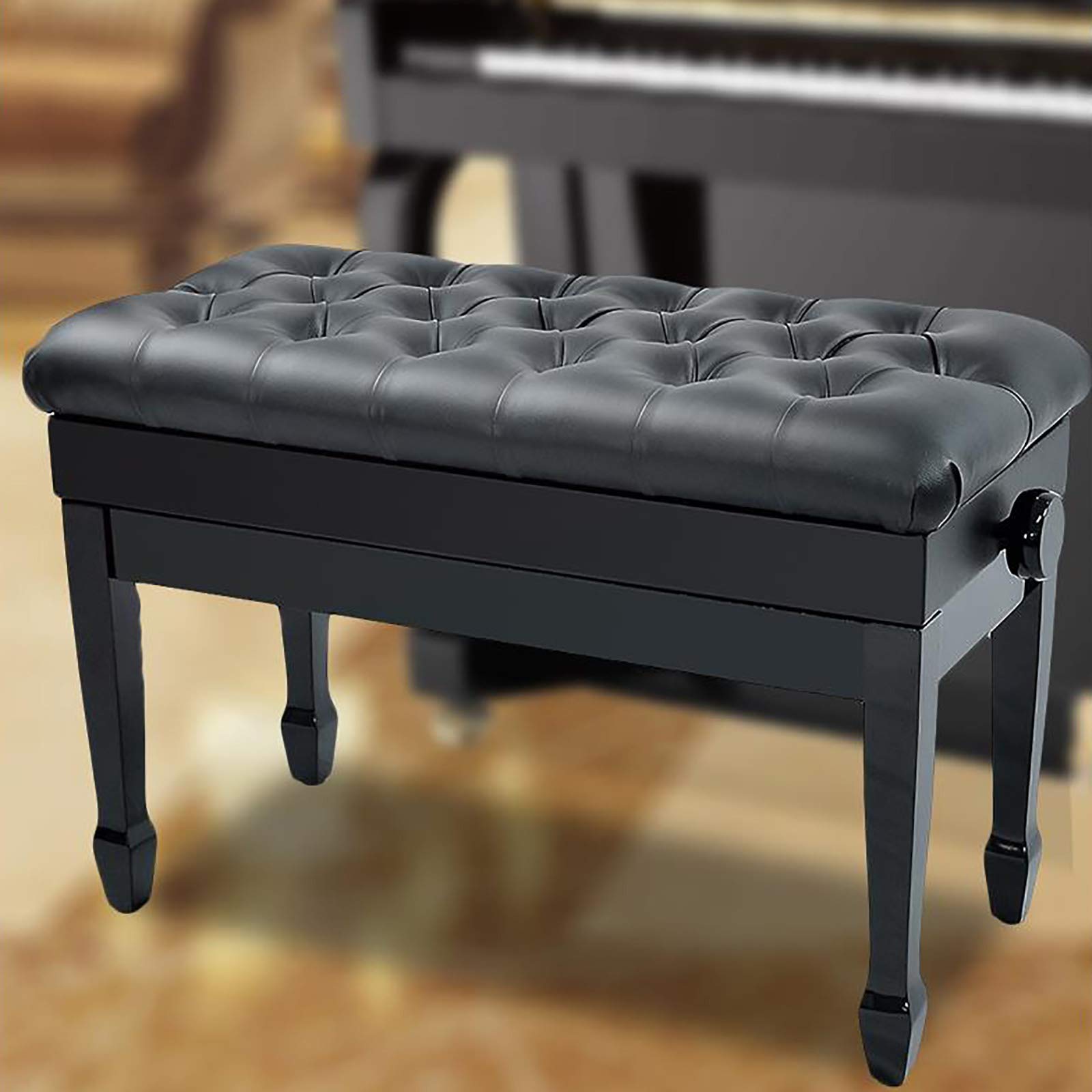 Sgabello regolabile per pianoforte con grande capienza in pelle PU nera e legno massiccio, stile vintage
