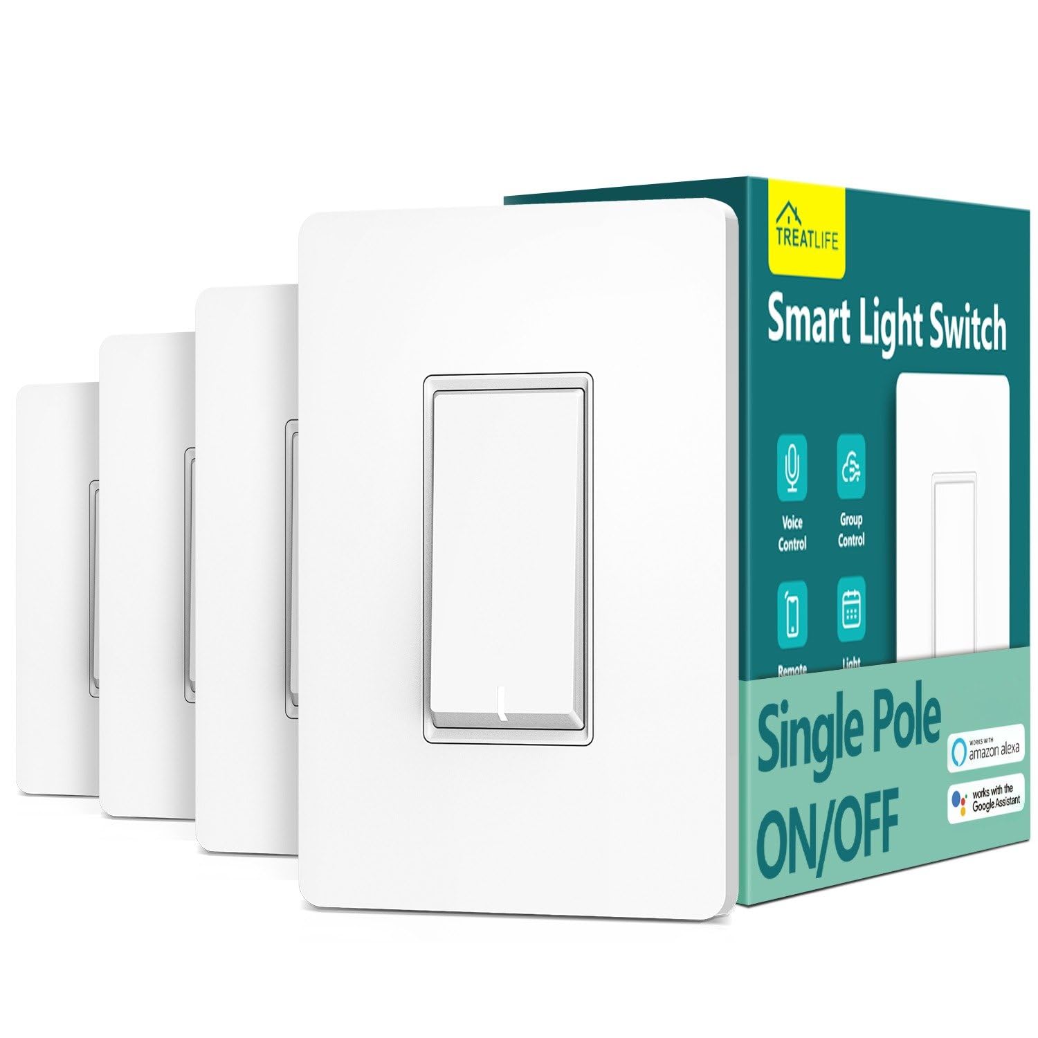 TREATLIFE Smart Light Switch Single Pole Works with Alexa, Google Home and SmartThings, 2.4GHz WiFi Timer Smart Switch, Neutral Wire Required, No Hub Required, FCC Listed, 4 Pack