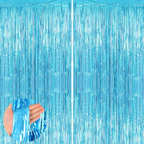 Image of Light Blue Metallic Tinsel Foil Fringe Curtains Backdrop 2Pack 3.3x8.3Ft Blue Party Streamers for Birthday Party Decorations Halloween Christmas Decors Foil Curtain Backdrop for Bachelorette Wedding