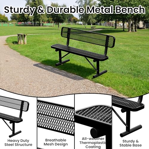 Image of 6 FT Heavy Duty Park Bench, Outdoor Metal Black Bench with Back-Commercial Steel Benches for Outside, 2-4 Person Seat-Garden Benches with Portable Frame for Outdoors