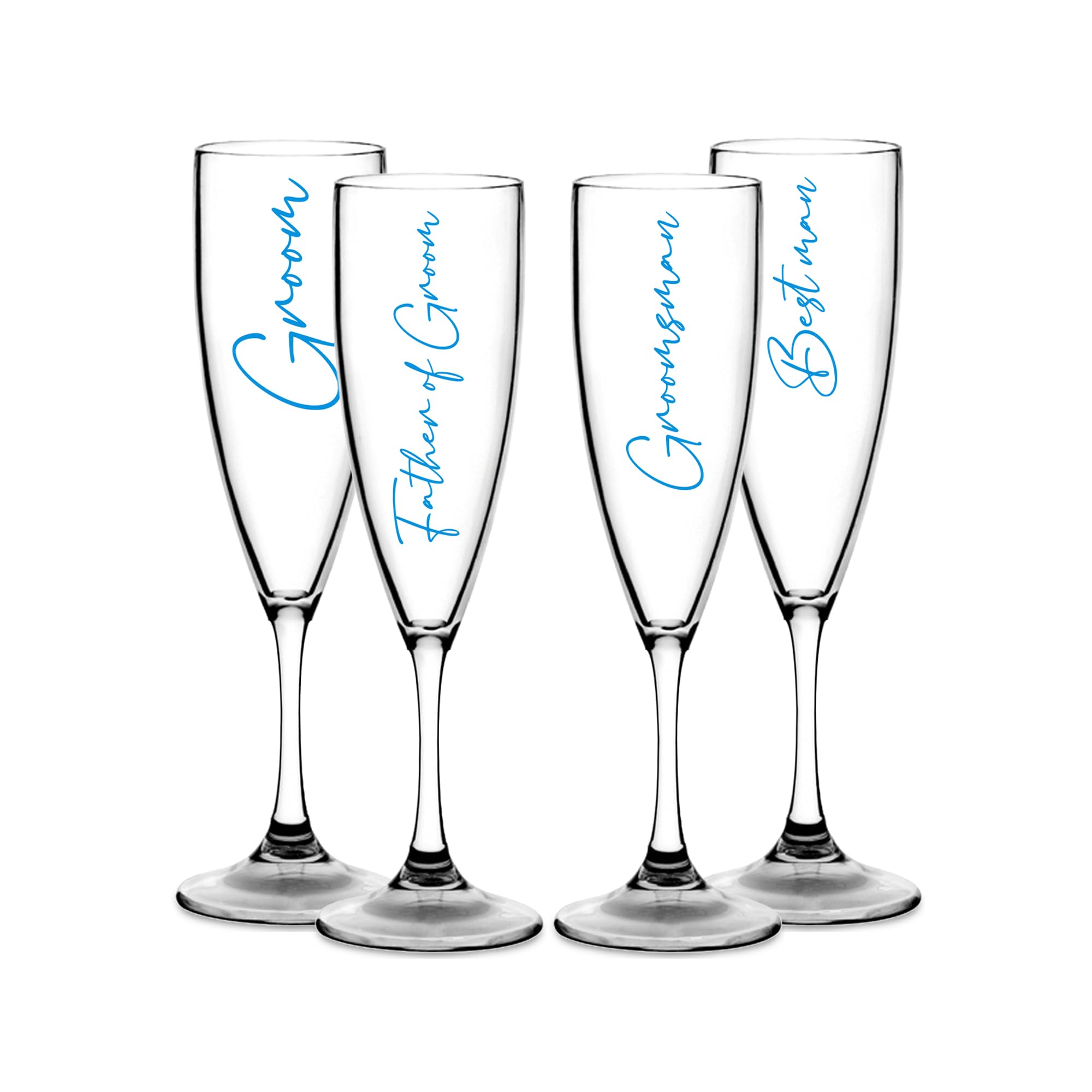 Print Maniacs Champagne Premium Clear Flute Glass Bride Groom Mr Mrs Wedding Maid Honour Wine Cocktail Prosecco Celebrations Gift (Blue, Set of 4 Groom Side Set)