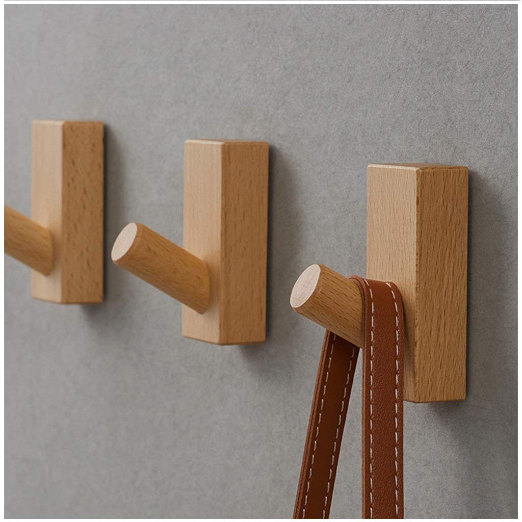 LZG Wooden Coat Hanger Wall Mount, Modern Key Holder for Wall Decorative, Self Adhesive Key Hooks Solid Wood Hat Organizer Purse Rack, Pack Of 3 (Color : Nature beech)