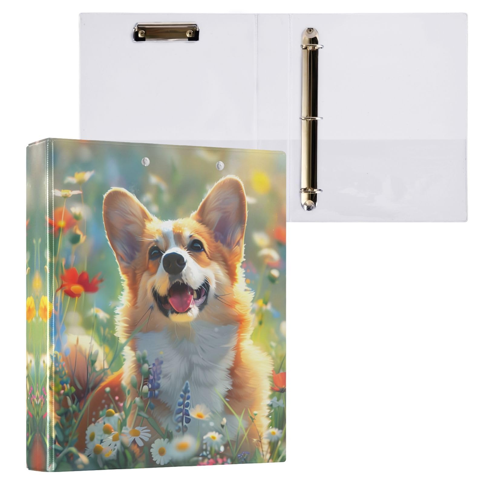 Happy Corgi in Spring Field - Raccoglitore a 3 anelli, 3,8 cm, contiene 200 fogli con 3 tasche interne in PVC trasparente, per scuola e ufficio