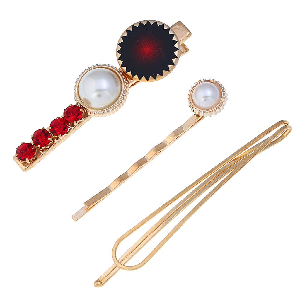 Bylater 3Pcs Pearl Hair Clips Set Fashion Artificial Pearls Hair Pin Sweet Barrettes Hairpins for Women Headwear Styling Tools Hair Accessories(Red-3)