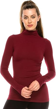 Kurve Womens Mock Neck Top Ribbed Knit Long Sleeve Turtleneck Slim Fit T-Shirt UV Protective Fabric UPF 50+ Made in USA