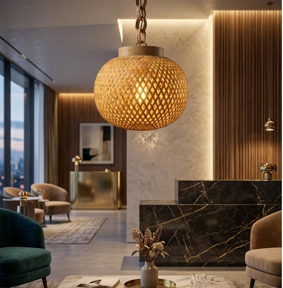 Image of MKS Craftscape Handcrafted Bamboo Hanging Lamp Shade /Cane Pendant Light for Ceiling Decoration | Rustic & Eco-Friendly Hanging Light for Living Room, Bedroom, Home & Cafe /with holder