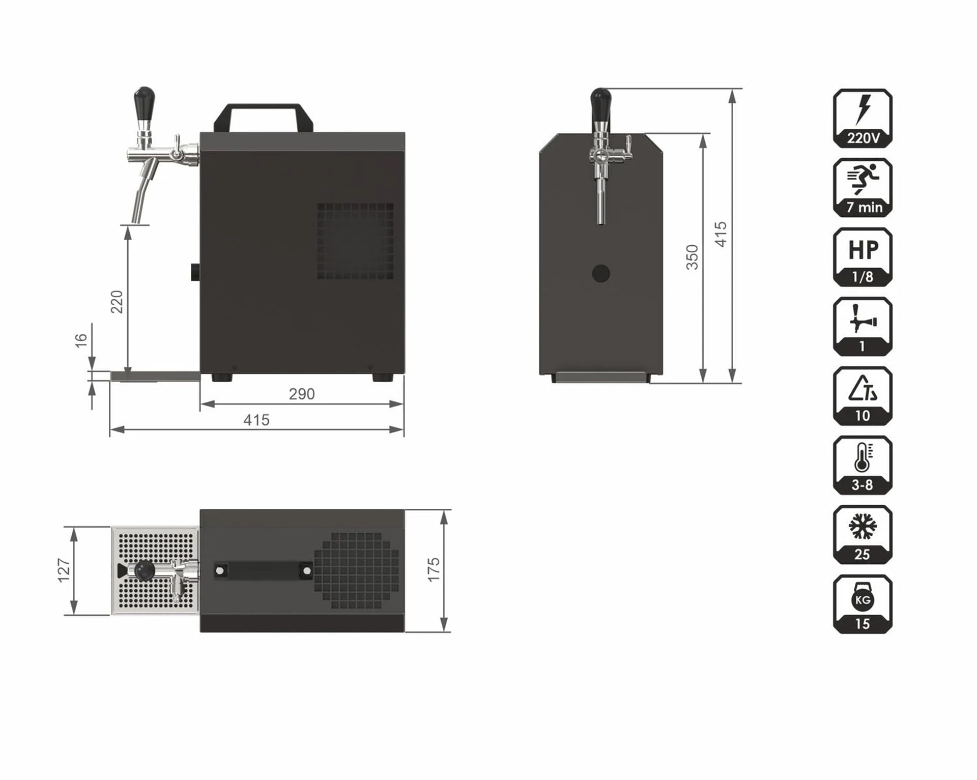 Kit Completo Sistema de Tiro de Cerveza Jet 30, Enfriador en línea seco, 35 l/h, con regulador CO2, Botella 2 kg, mangueras y Cabezal Cesta, Tipo S
