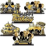 Leinuosen 6 Pieces Black Gold Happy Birthday Table Centerpiece Wooden Sign Table Topper Birthday Dec